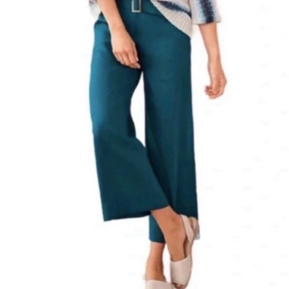 J. Jill Jenna Belted Full Leg Crop Linen Stretch Pants in Pacific Teal - Picture 2 of 10